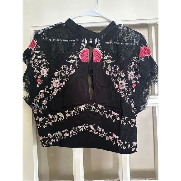 FREE PEOPLE CHIARA EMBROIDERED TOP black floral large C - Picture 6 of 9